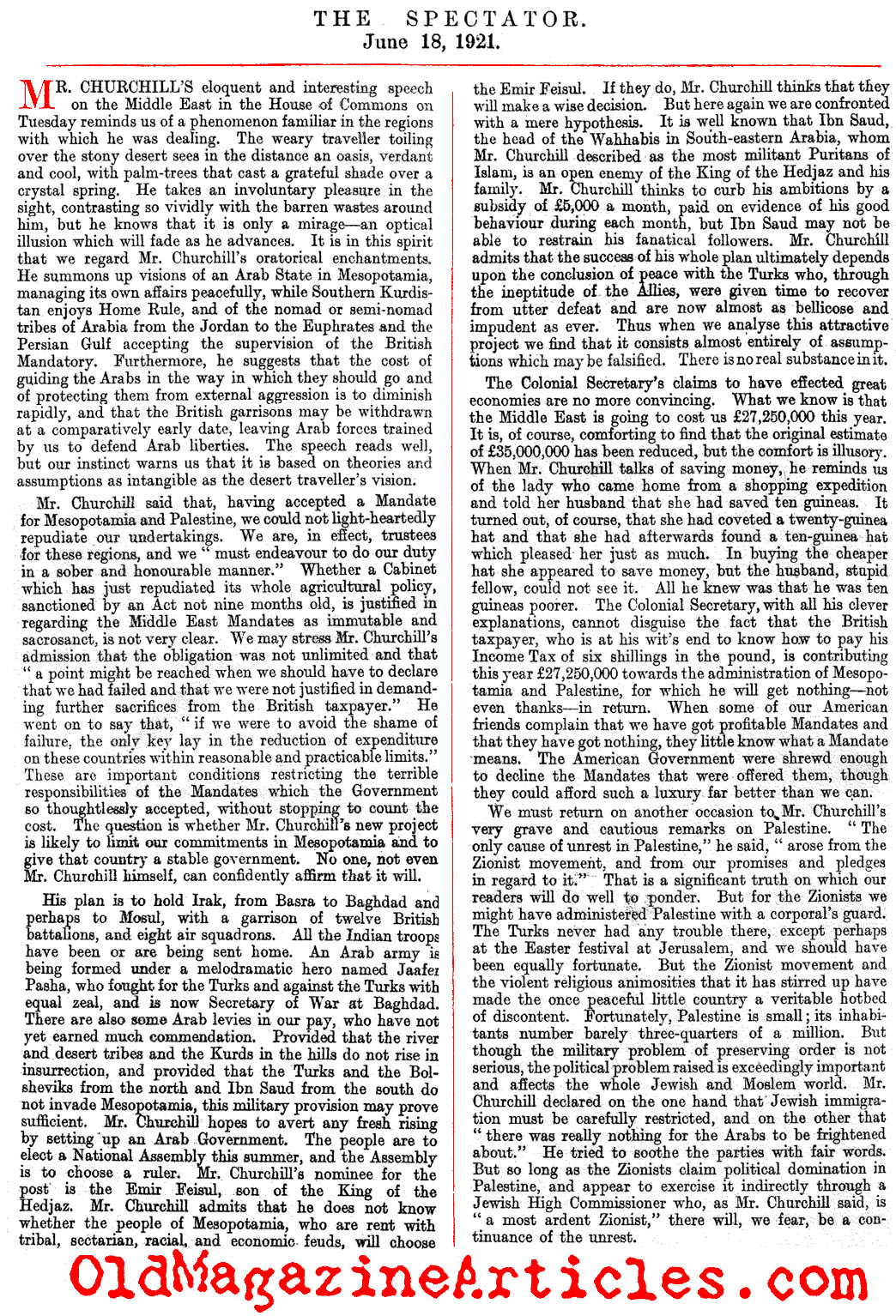 Winston Churchill and the Mesopotamia Occupation   (The Spectator, 1921)